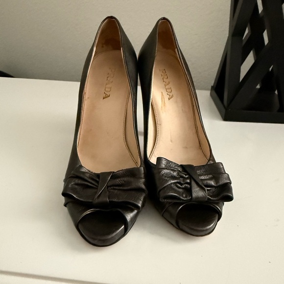 Prada Shoes - Prada Dark Brown Leather Peep-Toe Heels